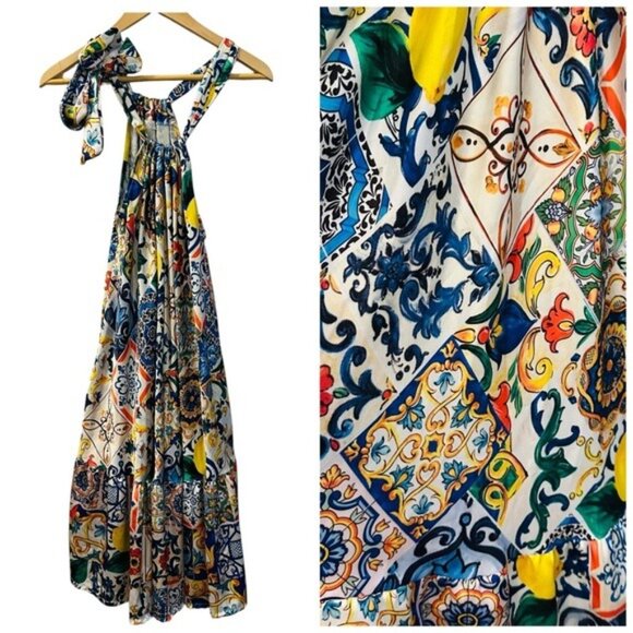New Collection Italy Mosaic Tile Print Halter Maxi Dress Multicolor Size Small - Picture 10 of 10